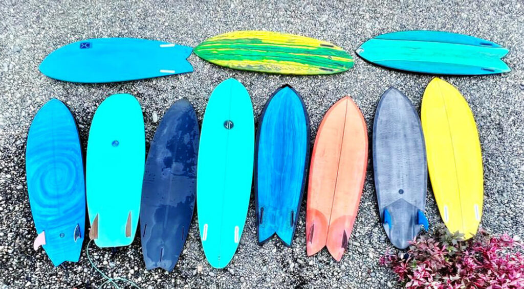 Different styles of surfboards